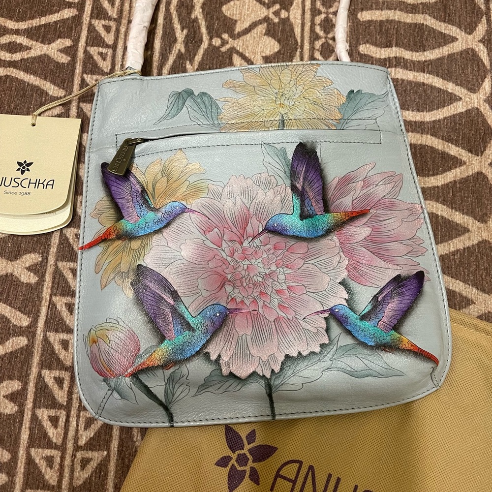 Anuschka hand painted crossbody purse with hummingbirds NWT
